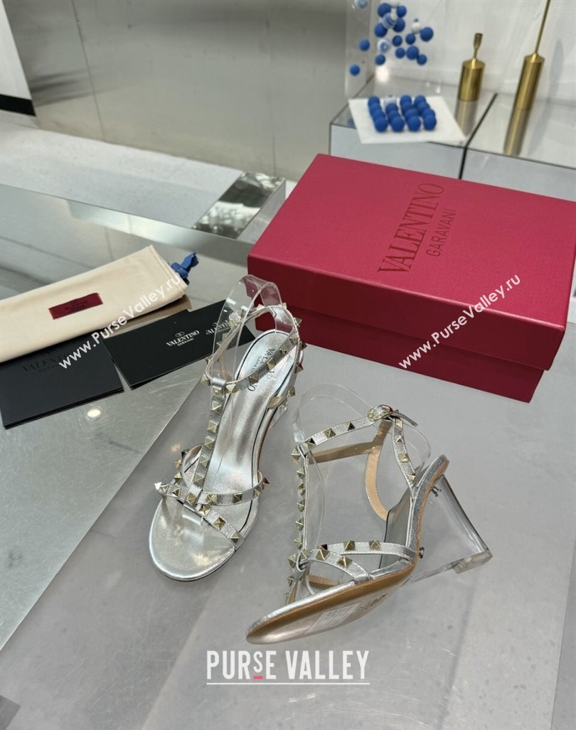 Valentino Rockstud Nappa Leather Wedge Sandals 8.5cm with Clear Heel Silver 2024 VLS090301 (XL-240903075)