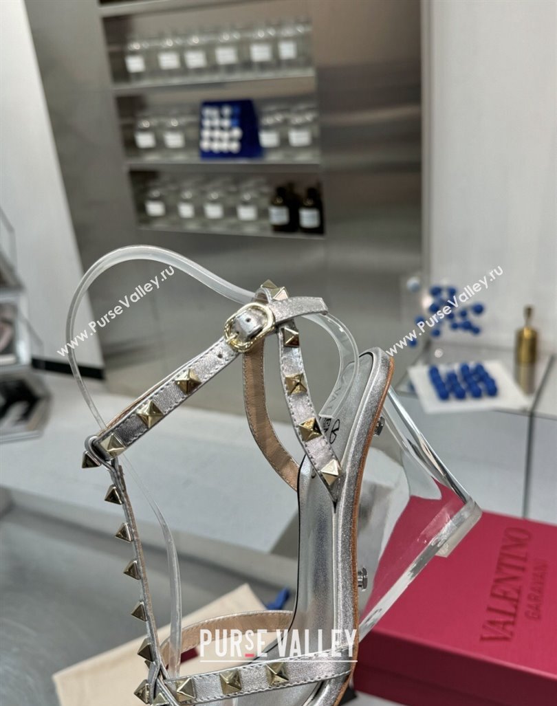 Valentino Rockstud Nappa Leather Wedge Sandals 8.5cm with Clear Heel Silver 2024 VLS090301 (XL-240903075)