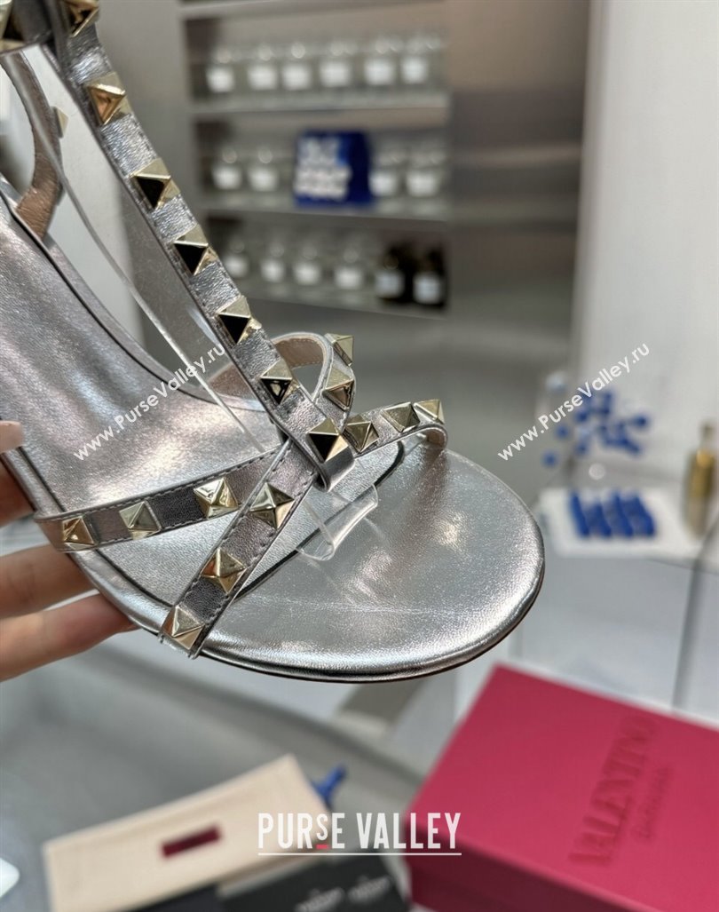 Valentino Rockstud Nappa Leather Wedge Sandals 8.5cm with Clear Heel Silver 2024 VLS090301 (XL-240903075)