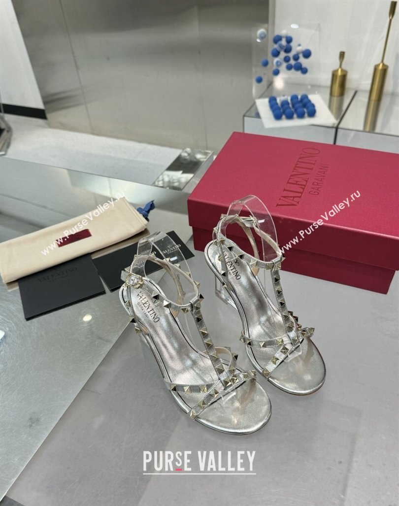 Valentino Rockstud Nappa Leather Wedge Sandals 8.5cm with Clear Heel Silver 2024 VLS090301 (XL-240903075)