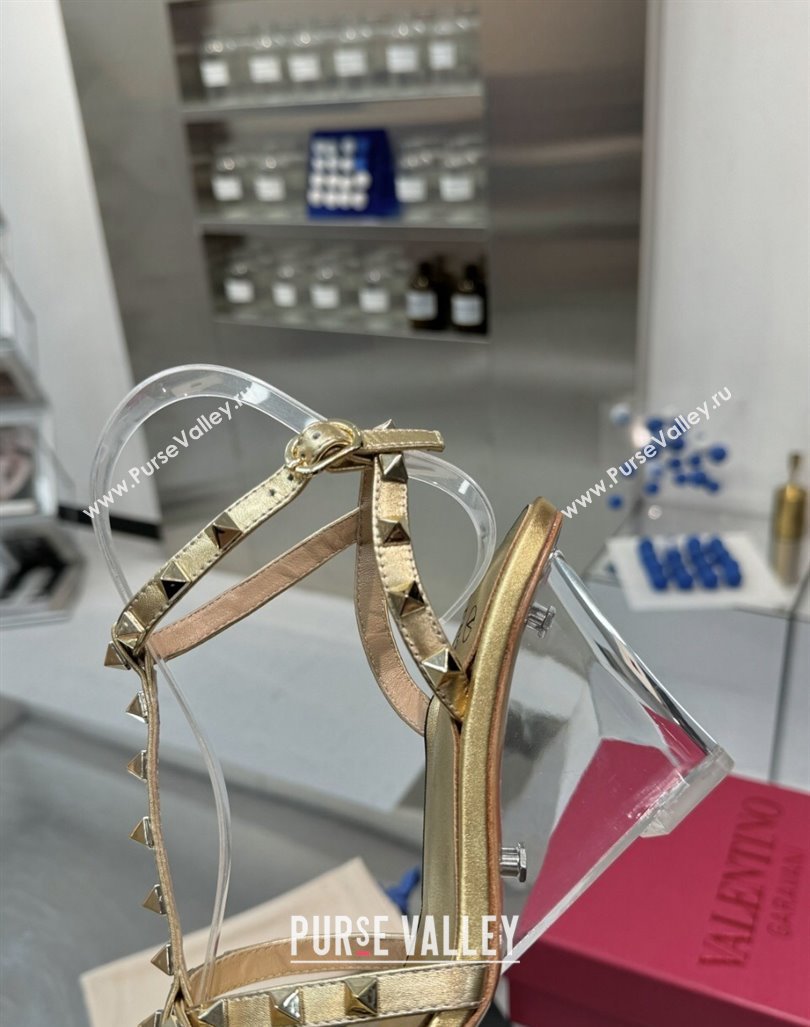 Valentino Rockstud Nappa Leather Wedge Sandals 8.5cm with Clear Heel Gold 2024 VLS090301 (XL-240903076)