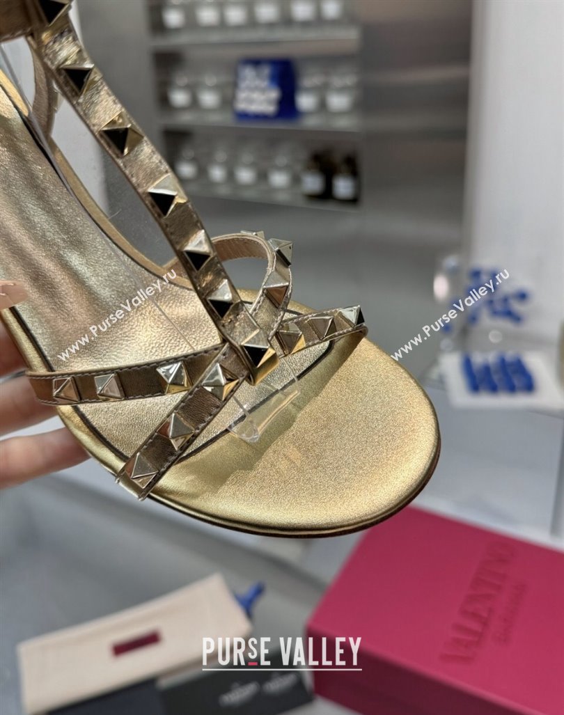 Valentino Rockstud Nappa Leather Wedge Sandals 8.5cm with Clear Heel Gold 2024 VLS090301 (XL-240903076)