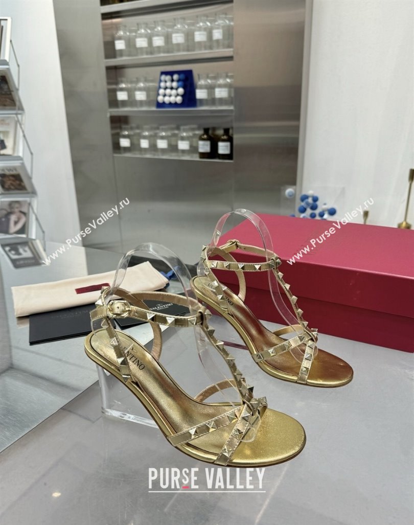 Valentino Rockstud Nappa Leather Wedge Sandals 8.5cm with Clear Heel Gold 2024 VLS090301 (XL-240903076)