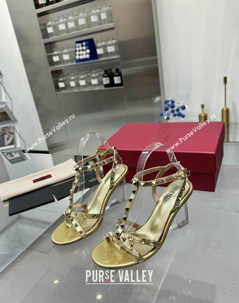 Valentino Rockstud Nappa Leather Wedge Sandals 8.5cm with Clear Heel Gold 2024 VLS090301 (XL-240903076)