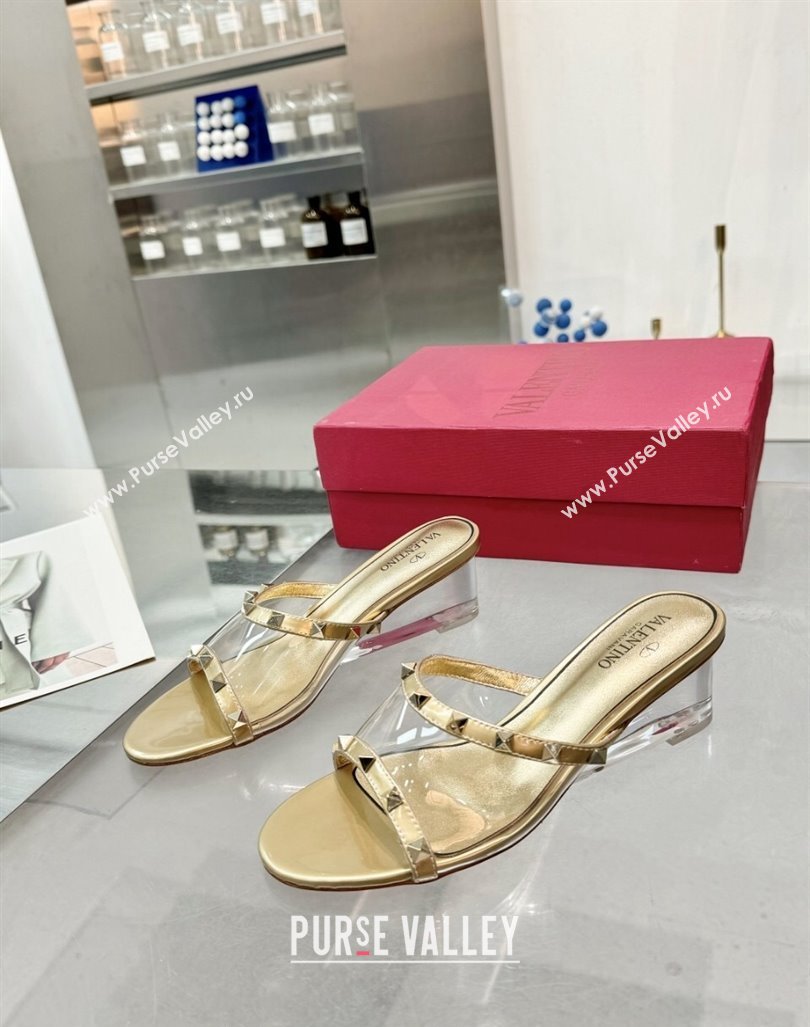 Valentino Rockstud PVC Wedge Slides Sandal 5/8.5cm with Clear Heel Gold 2024 VLS090302 (XL-240903077)