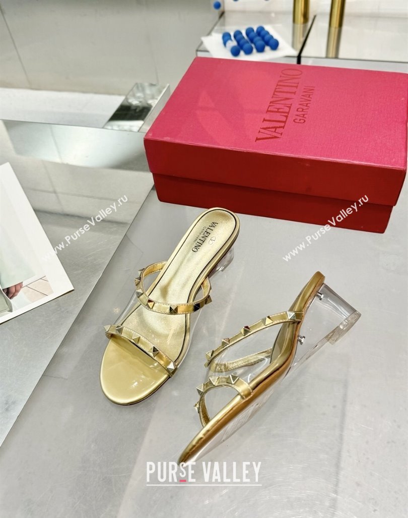 Valentino Rockstud PVC Wedge Slides Sandal 5/8.5cm with Clear Heel Gold 2024 VLS090302 (XL-240903077)