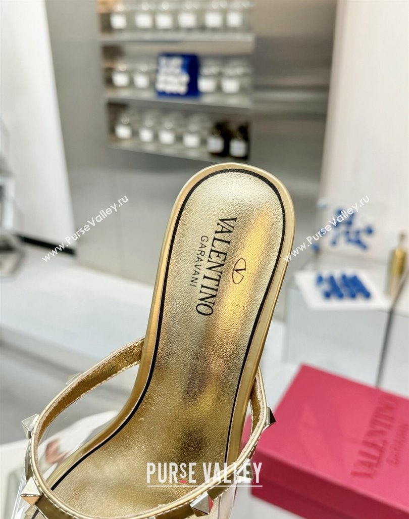 Valentino Rockstud PVC Wedge Slides Sandal 5/8.5cm with Clear Heel Gold 2024 VLS090302 (XL-240903077)