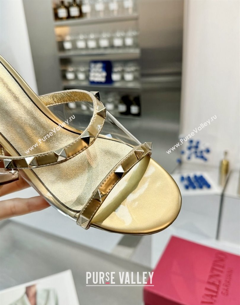 Valentino Rockstud PVC Wedge Slides Sandal 5/8.5cm with Clear Heel Gold 2024 VLS090302 (XL-240903077)