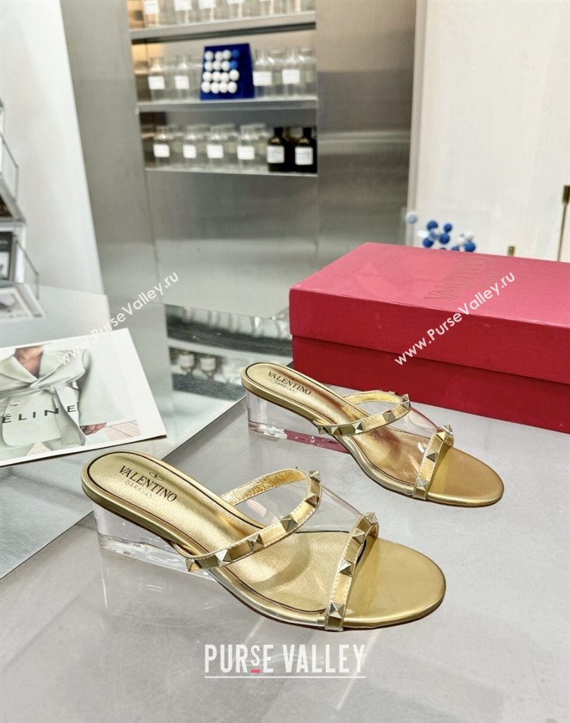 Valentino Rockstud PVC Wedge Slides Sandal 5/8.5cm with Clear Heel Gold 2024 VLS090302 (XL-240903077)