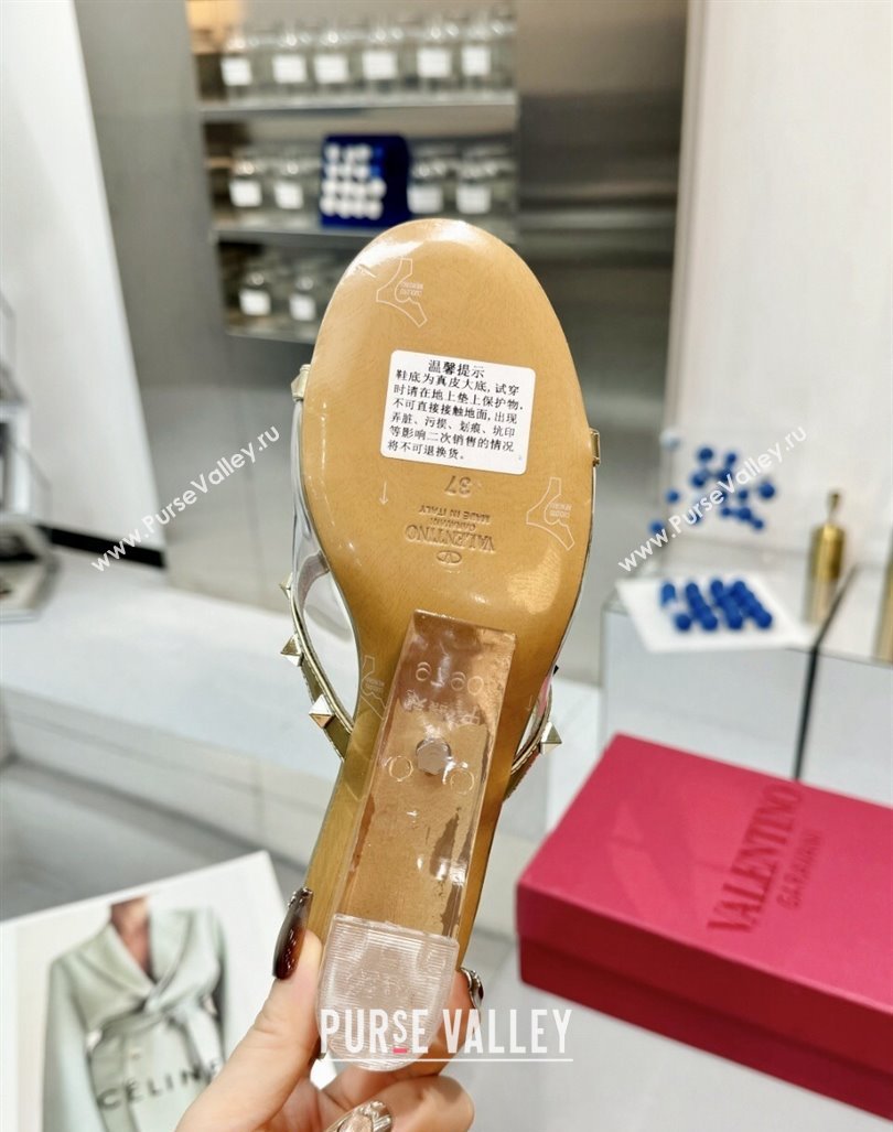 Valentino Rockstud PVC Wedge Slides Sandal 5/8.5cm with Clear Heel Gold 2024 VLS090302 (XL-240903077)