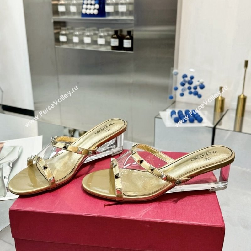 Valentino Rockstud PVC Wedge Slides Sandal 5/8.5cm with Clear Heel Gold 2024 VLS090302 (XL-240903077)