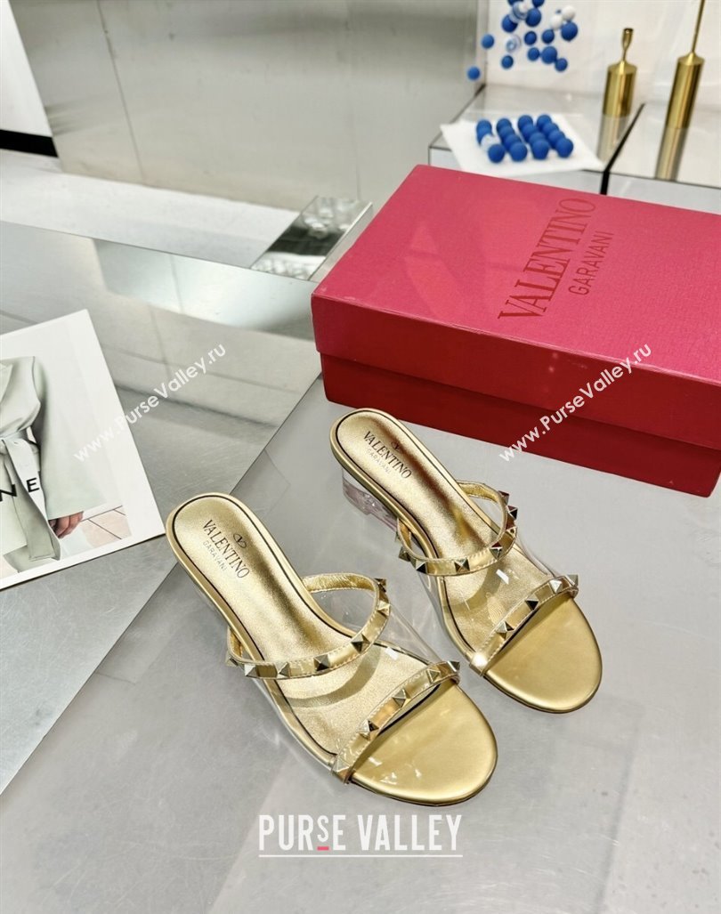 Valentino Rockstud PVC Wedge Slides Sandal 5/8.5cm with Clear Heel Gold 2024 VLS090302 (XL-240903077)