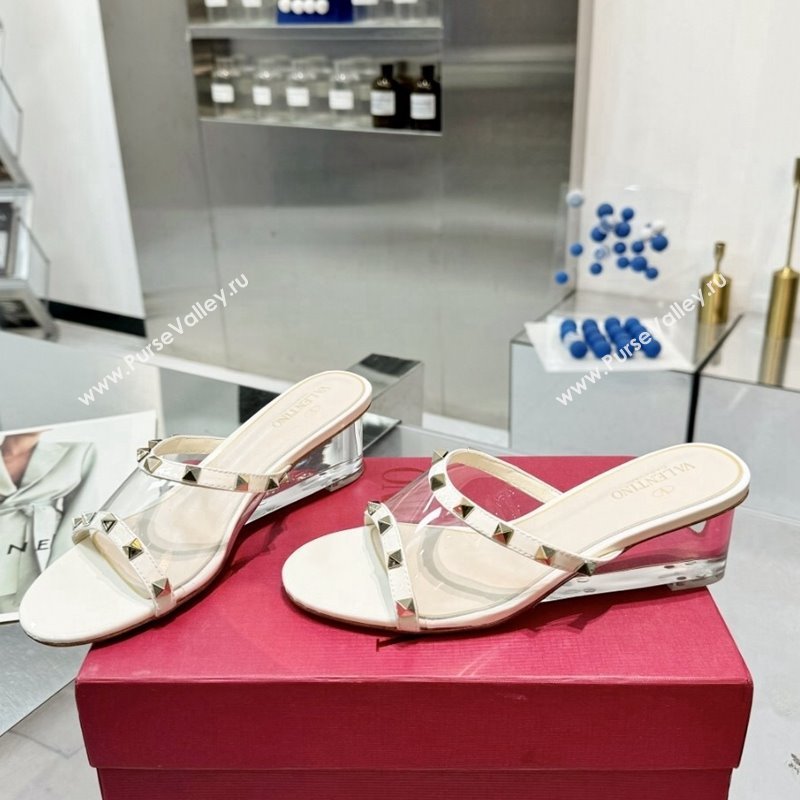 Valentino Rockstud PVC Wedge Slides Sandal 5/8.5cm with Clear Heel White 2024 VLS090302 (XL-240903078)