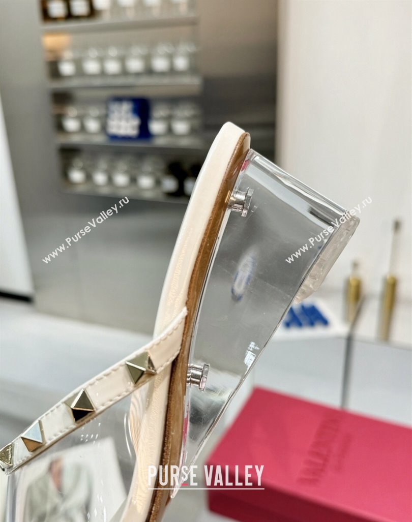 Valentino Rockstud PVC Wedge Slides Sandal 5/8.5cm with Clear Heel White 2024 VLS090302 (XL-240903078)