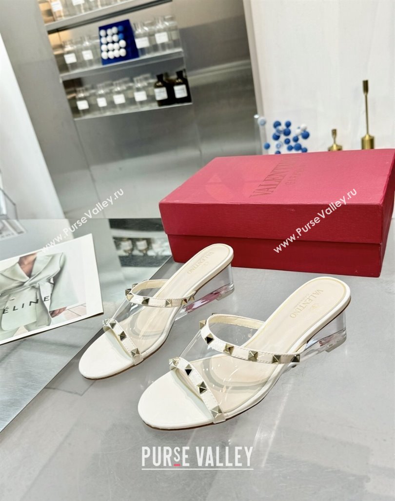 Valentino Rockstud PVC Wedge Slides Sandal 5/8.5cm with Clear Heel White 2024 VLS090302 (XL-240903078)