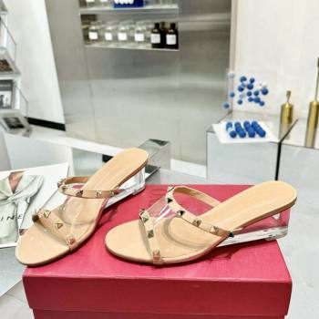 Valentino Rockstud PVC Wedge Slides Sandal 5/8.5cm with Clear Heel Beige 2024 VLS090302 (XL-240903079)