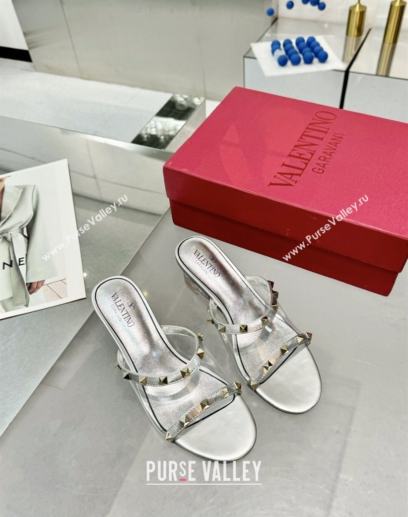 Valentino Rockstud PVC Wedge Slides Sandal 5/8.5cm with Clear Heel Silver 2024 VLS090302 (XL-240903080)