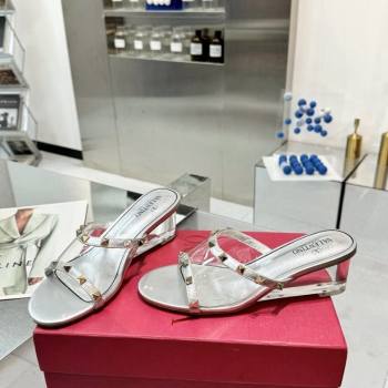 Valentino Rockstud PVC Wedge Slides Sandal 5/8.5cm with Clear Heel Silver 2024 VLS090302 (XL-240903080)