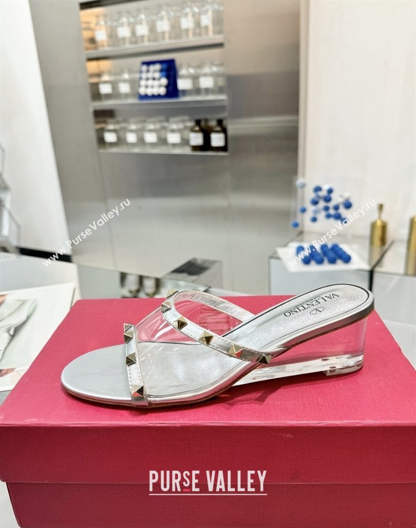 Valentino Rockstud PVC Wedge Slides Sandal 5/8.5cm with Clear Heel Silver 2024 VLS090302 (XL-240903080)