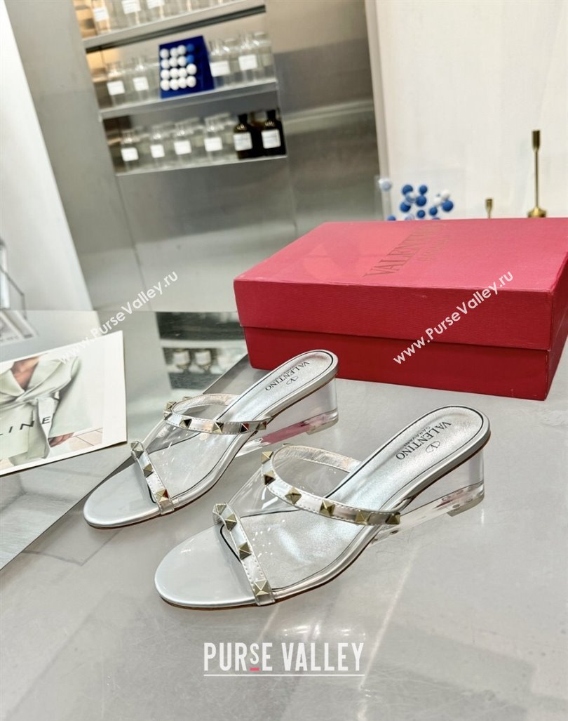 Valentino Rockstud PVC Wedge Slides Sandal 5/8.5cm with Clear Heel Silver 2024 VLS090302 (XL-240903080)