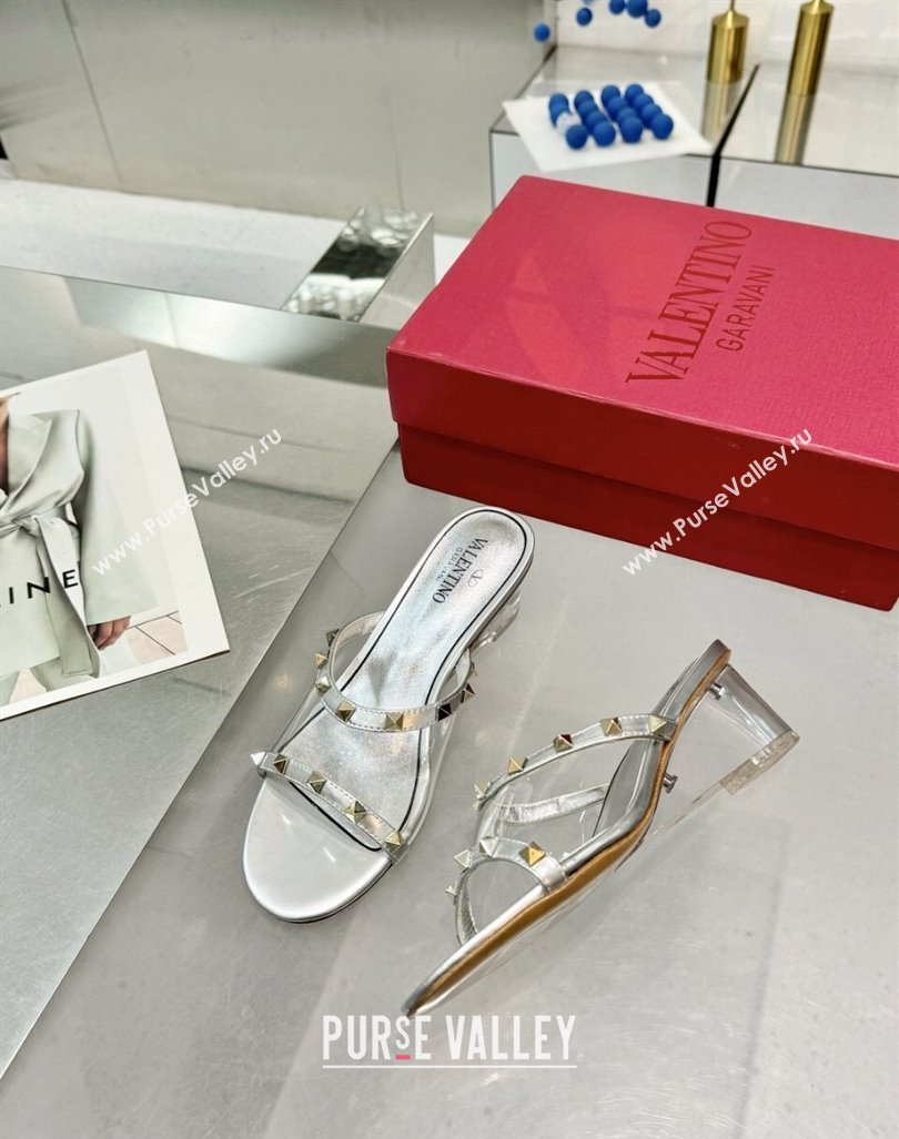 Valentino Rockstud PVC Wedge Slides Sandal 5/8.5cm with Clear Heel Silver 2024 VLS090302 (XL-240903080)