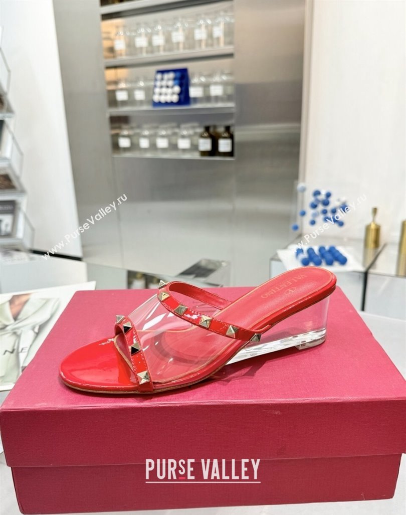 Valentino Rockstud PVC Wedge Slides Sandal 5/8.5cm with Clear Heel Red 2024 VLS090302 (XL-240903082)