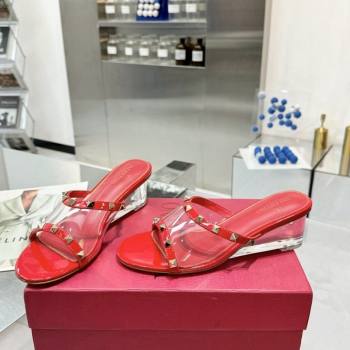 Valentino Rockstud PVC Wedge Slides Sandal 5/8.5cm with Clear Heel Red 2024 VLS090302 (XL-240903082)