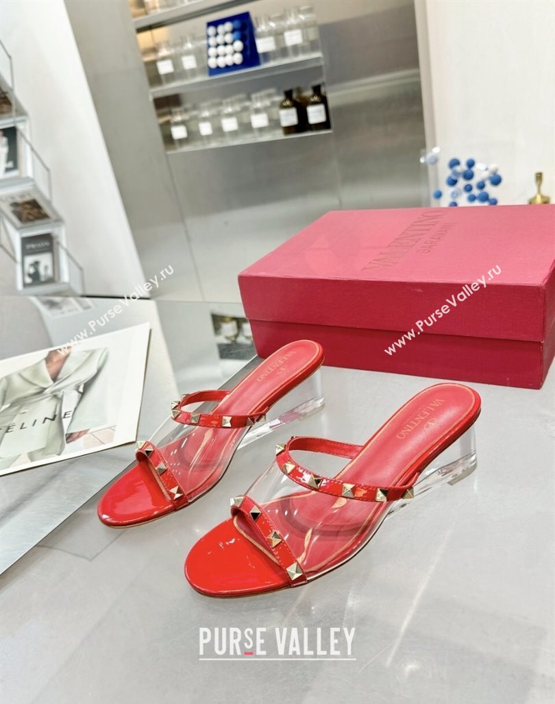 Valentino Rockstud PVC Wedge Slides Sandal 5/8.5cm with Clear Heel Red 2024 VLS090302 (XL-240903082)