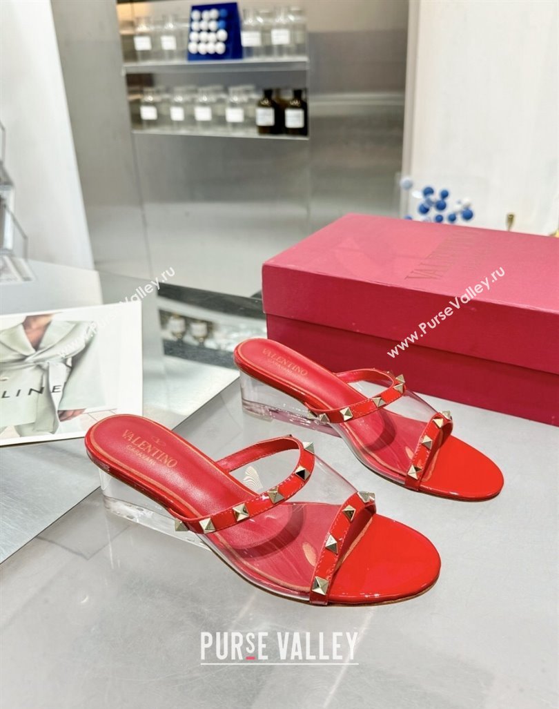 Valentino Rockstud PVC Wedge Slides Sandal 5/8.5cm with Clear Heel Red 2024 VLS090302 (XL-240903082)