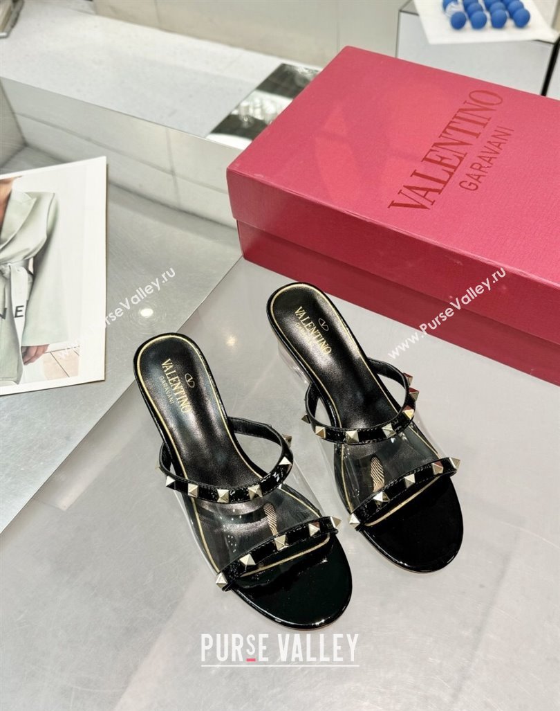 Valentino Rockstud PVC Wedge Slides Sandal 5/8.5cm with Clear Heel Black 2024 VLS090302 (XL-240903083)