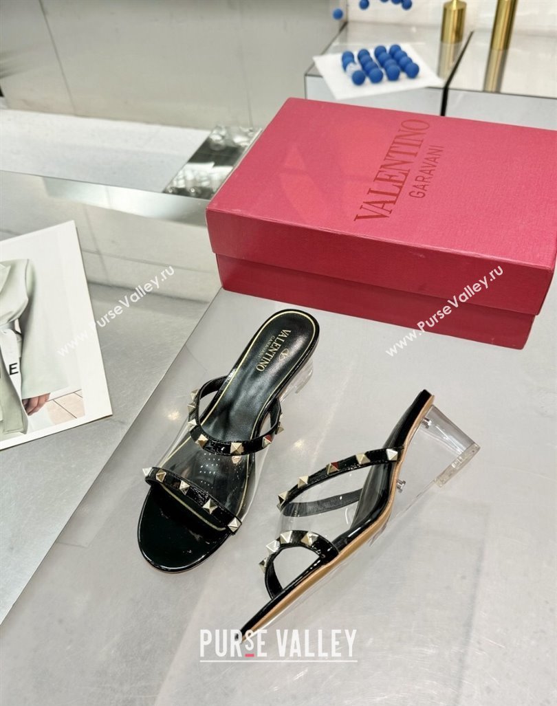 Valentino Rockstud PVC Wedge Slides Sandal 5/8.5cm with Clear Heel Black 2024 VLS090302 (XL-240903083)