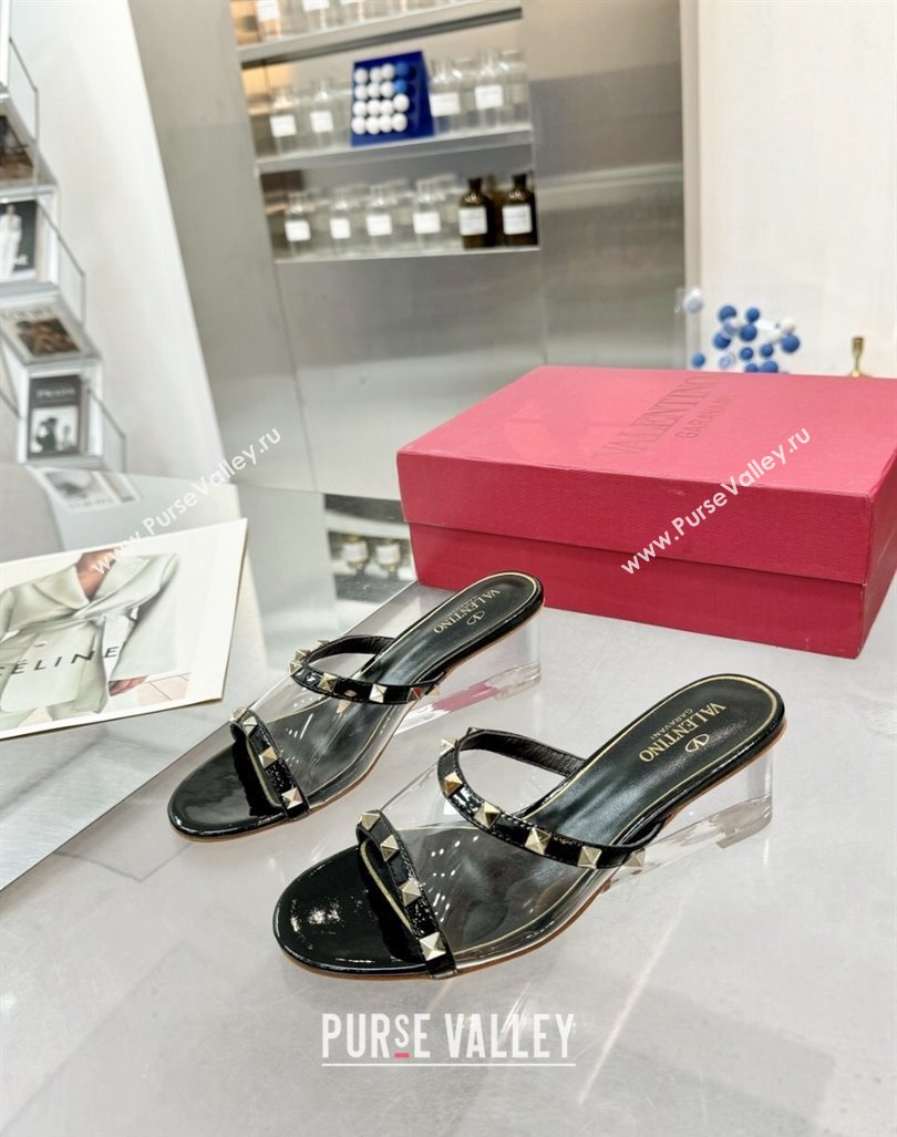 Valentino Rockstud PVC Wedge Slides Sandal 5/8.5cm with Clear Heel Black 2024 VLS090302 (XL-240903083)