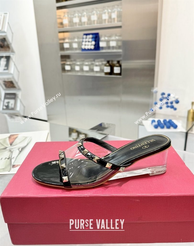 Valentino Rockstud PVC Wedge Slides Sandal 5/8.5cm with Clear Heel Black 2024 VLS090302 (XL-240903083)