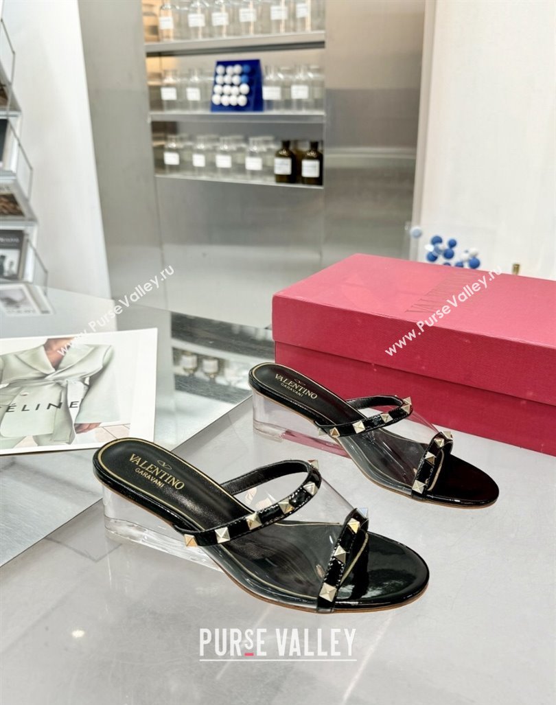 Valentino Rockstud PVC Wedge Slides Sandal 5/8.5cm with Clear Heel Black 2024 VLS090302 (XL-240903083)