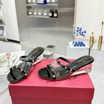 Valentino Rockstud PVC Wedge Slides Sandal 5/8.5cm with Clear Heel Black 2024 VLS090302 (XL-240903083)