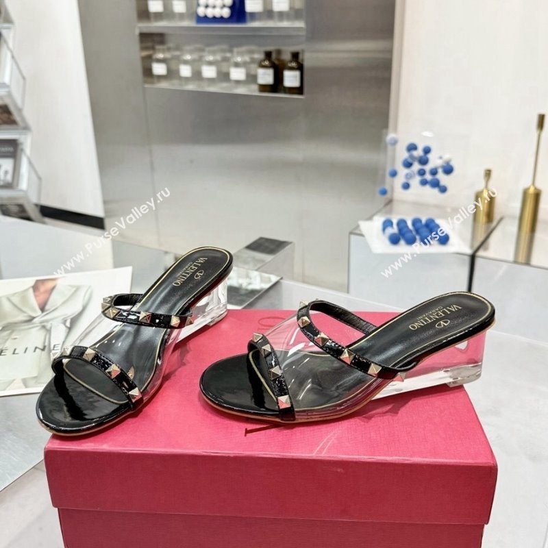 Valentino Rockstud PVC Wedge Slides Sandal 5/8.5cm with Clear Heel Black 2024 VLS090302 (XL-240903083)