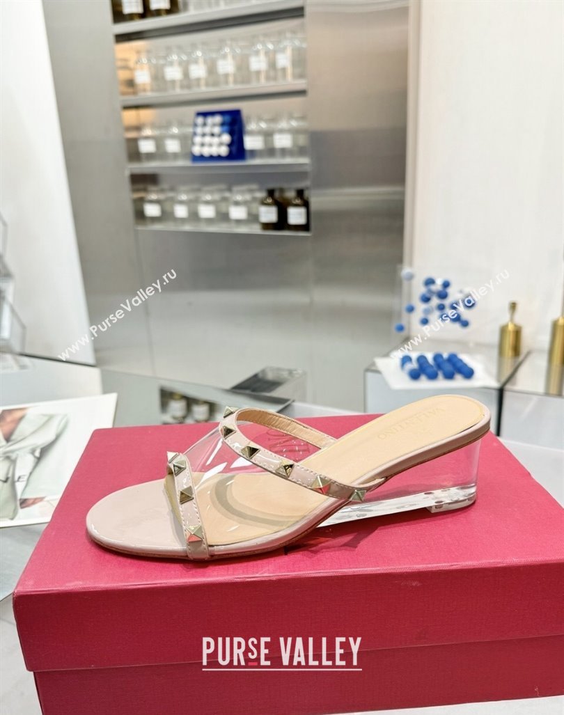 Valentino Rockstud PVC Wedge Slides Sandal 5/8.5cm with Clear Heel Nude 2024 VLS090302 (XL-240903084)