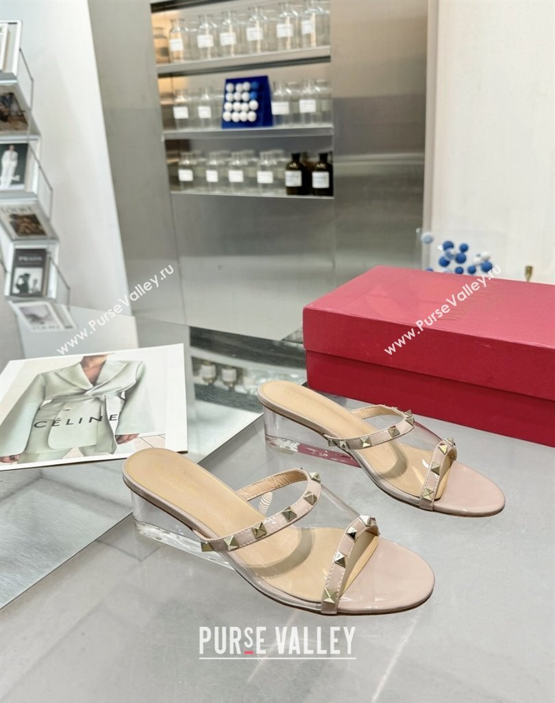 Valentino Rockstud PVC Wedge Slides Sandal 5/8.5cm with Clear Heel Nude 2024 VLS090302 (XL-240903084)