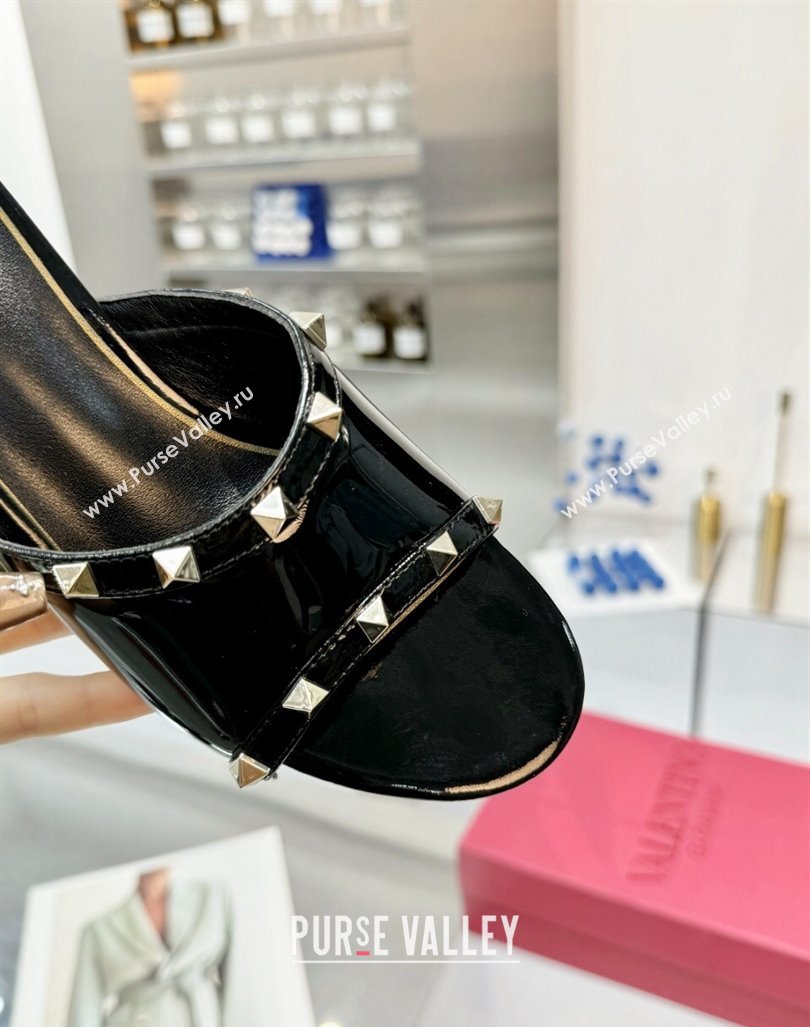 Valentino Rockstud Patent Calfskin Wedge Slides Sandal 5/8.5cm with Clear Heel Black 2024 VLS090302 (XL-240903086)