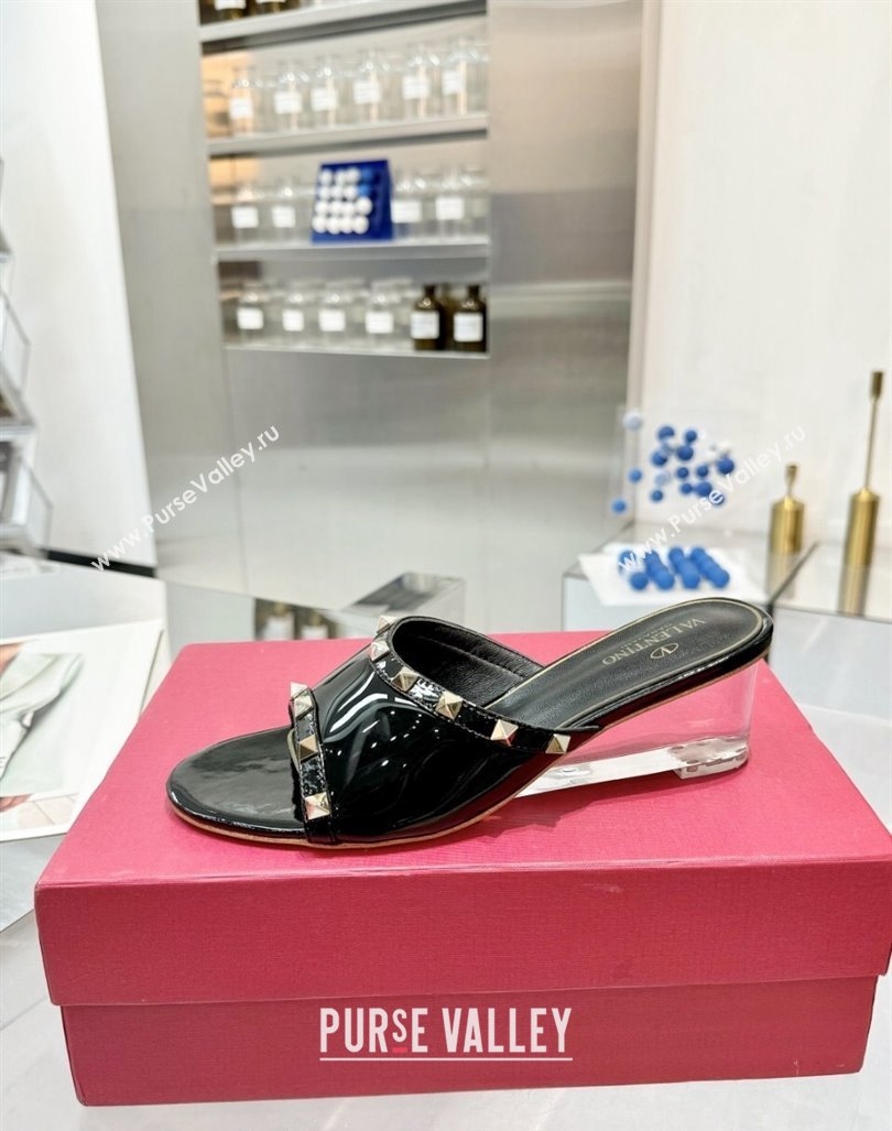 Valentino Rockstud Patent Calfskin Wedge Slides Sandal 5/8.5cm with Clear Heel Black 2024 VLS090302 (XL-240903086)