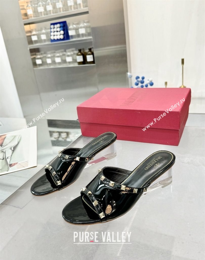 Valentino Rockstud Patent Calfskin Wedge Slides Sandal 5/8.5cm with Clear Heel Black 2024 VLS090302 (XL-240903086)