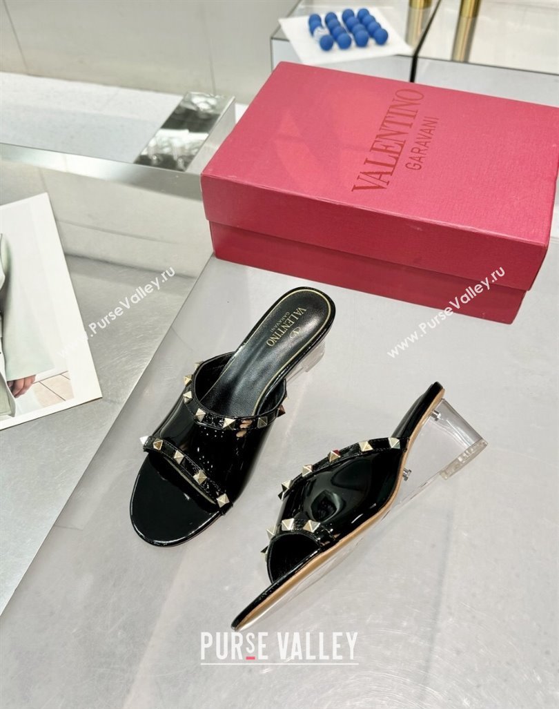 Valentino Rockstud Patent Calfskin Wedge Slides Sandal 5/8.5cm with Clear Heel Black 2024 VLS090302 (XL-240903086)