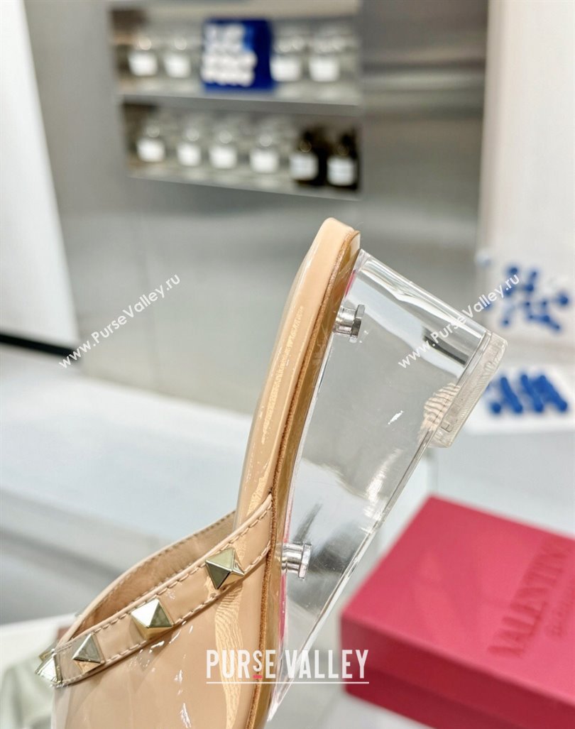 Valentino Rockstud Patent Calfskin Wedge Slides Sandal 5/8.5cm with Clear Heel Beige 2024 VLS090302 (XL-240903085)