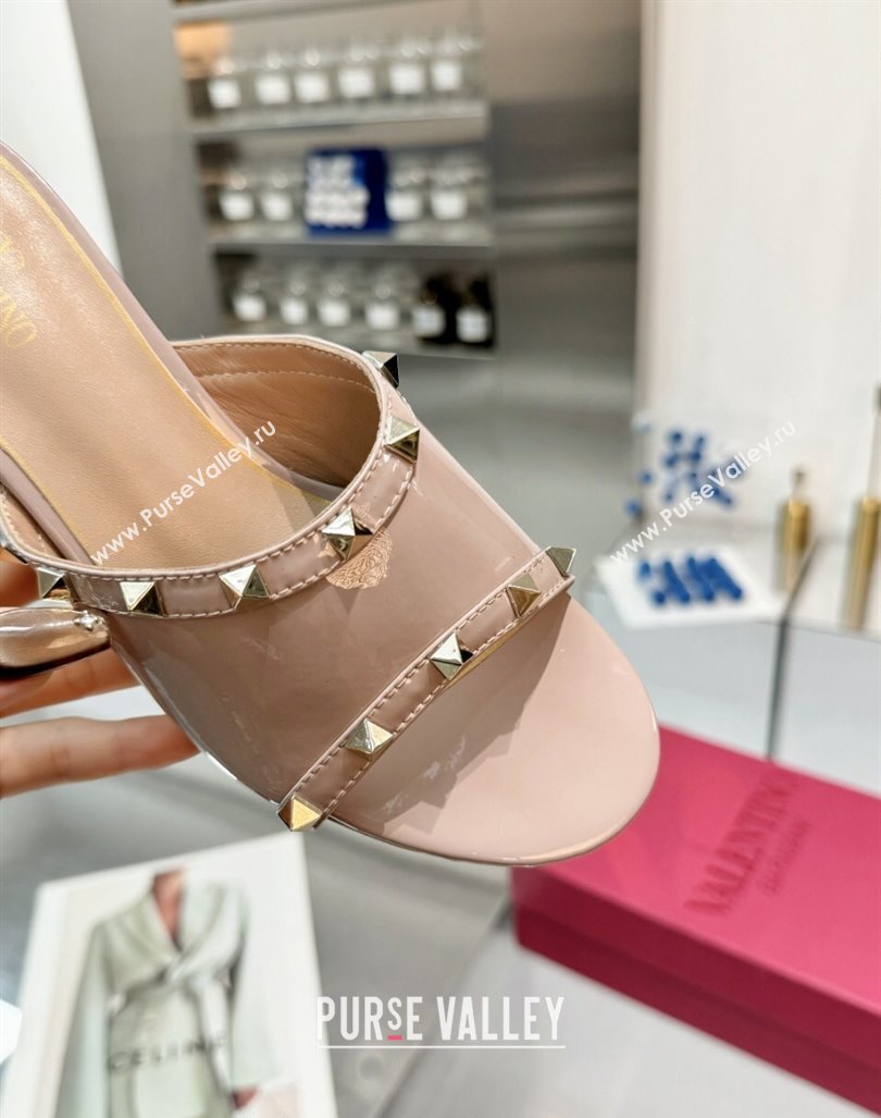 Valentino Rockstud Patent Calfskin Wedge Slides Sandal 5/8.5cm with Clear Heel Powder Pink 2024 VLS090302 (XL-240903087)