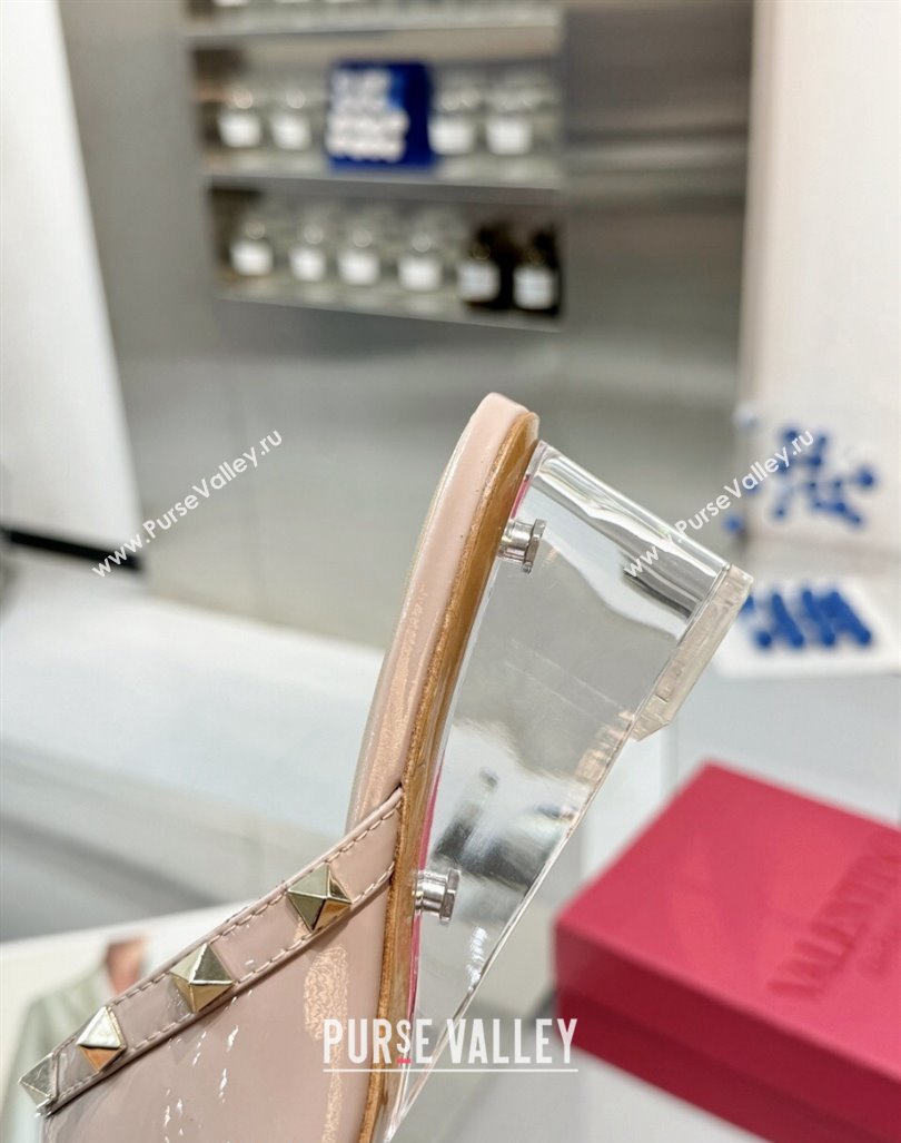 Valentino Rockstud Patent Calfskin Wedge Slides Sandal 5/8.5cm with Clear Heel Powder Pink 2024 VLS090302 (XL-240903087)