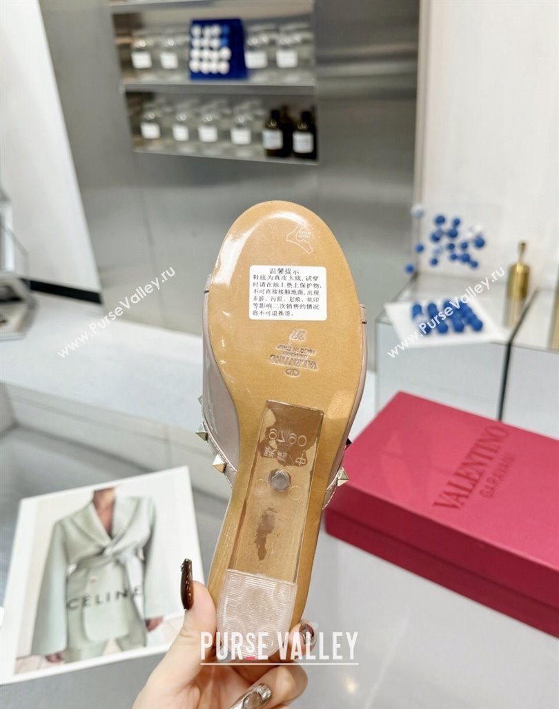 Valentino Rockstud Patent Calfskin Wedge Slides Sandal 5/8.5cm with Clear Heel Powder Pink 2024 VLS090302 (XL-240903087)