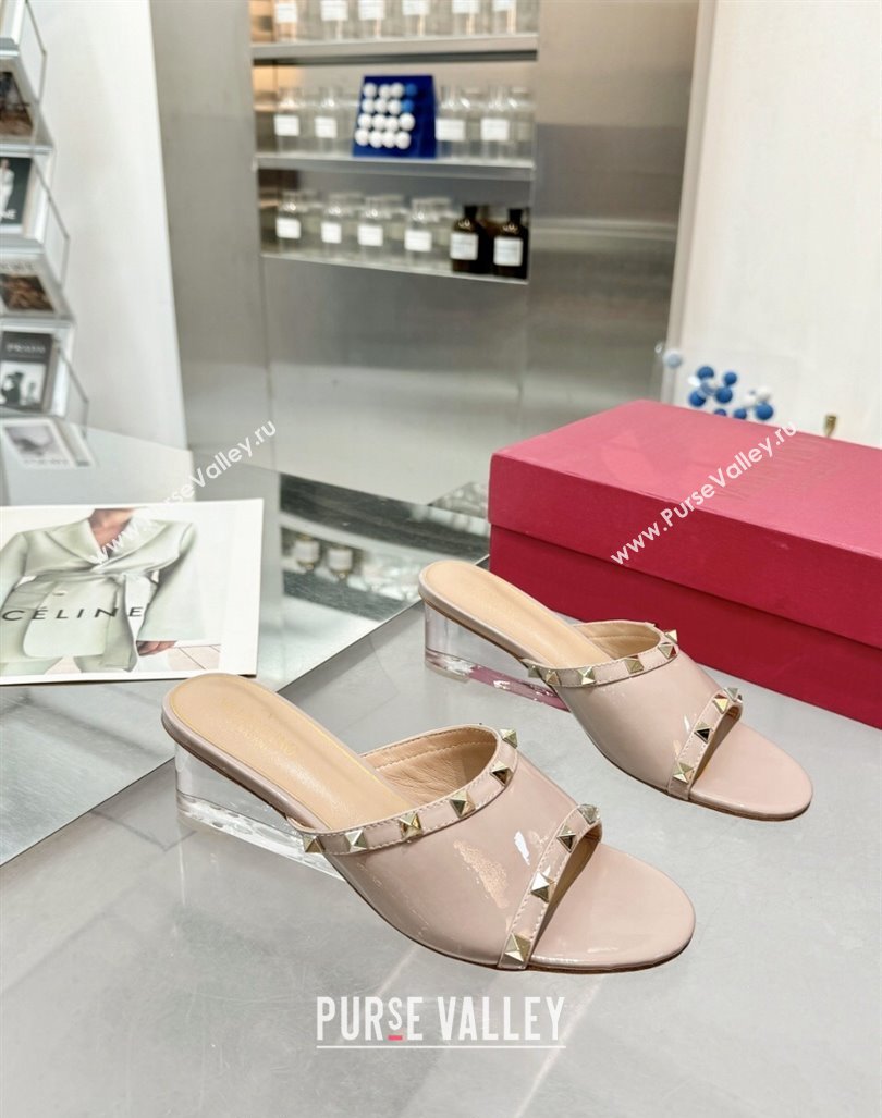 Valentino Rockstud Patent Calfskin Wedge Slides Sandal 5/8.5cm with Clear Heel Powder Pink 2024 VLS090302 (XL-240903087)