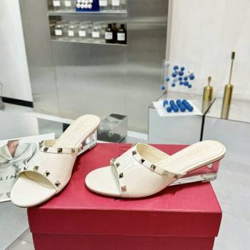 Valentino Rockstud Patent Calfskin Wedge Slides Sandal 5/8.5cm with Clear Heel White 2024 VLS090302 (XL-240903088)