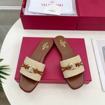 Valentino The Bold Edition VLogo Raffia Straw Flat Slides Sandal Brown 2024 VLS090303 (MD-240903089)