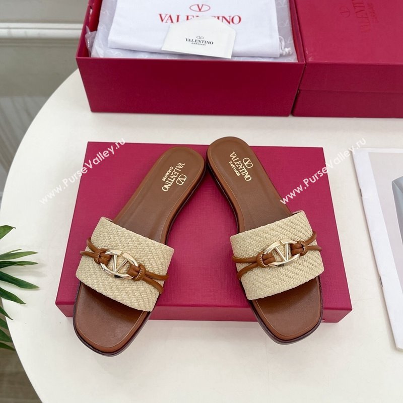 Valentino The Bold Edition VLogo Raffia Straw Flat Slides Sandal Brown 2024 VLS090303 (MD-240903089)